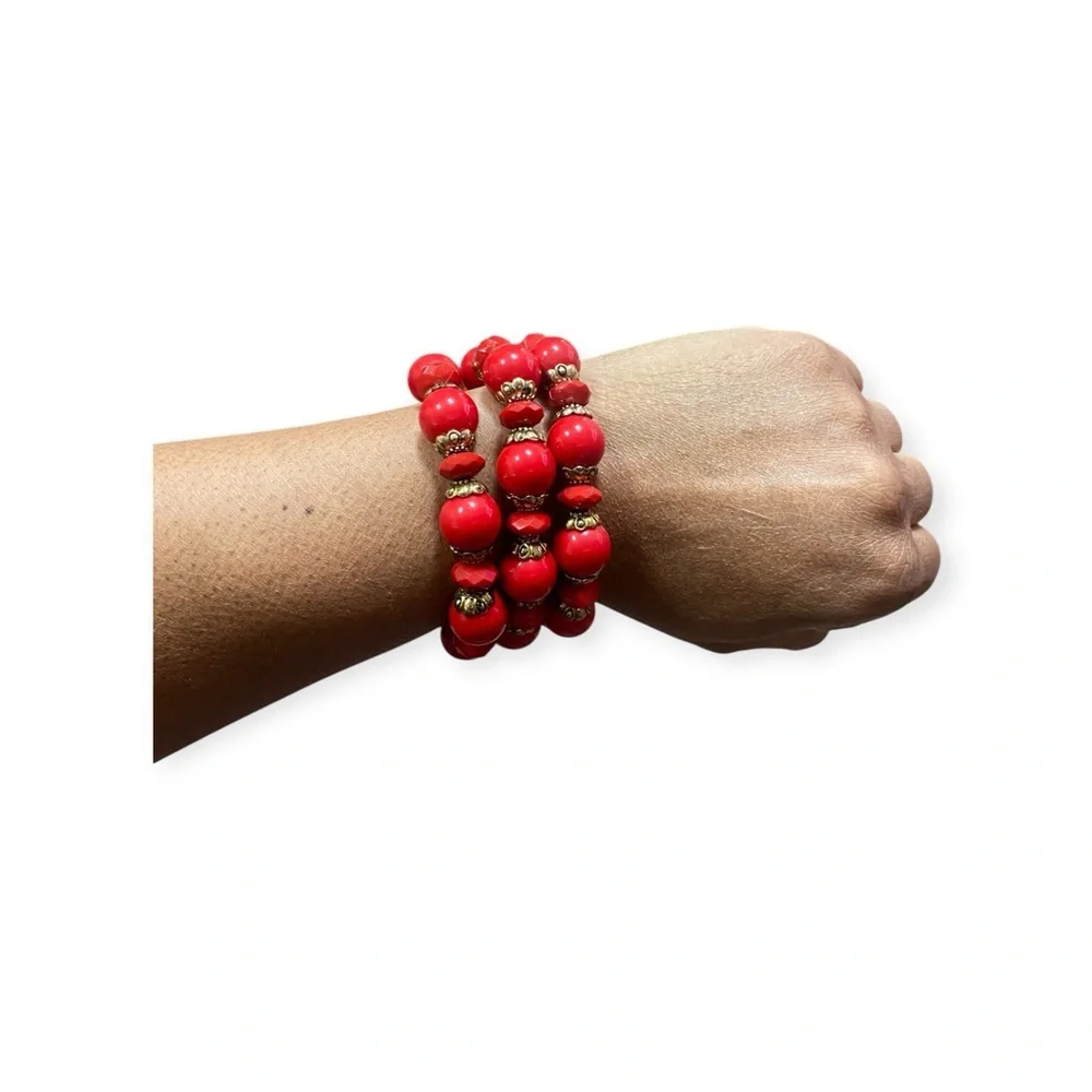 Red Beaded Stretch Bracelet Set